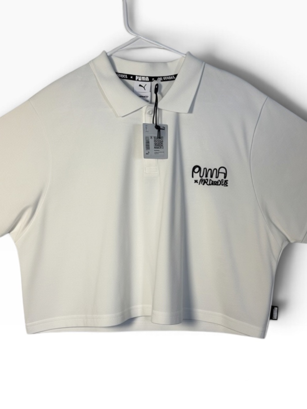 Puma White Mr. Doodle Cropped Polo Top with Black Script Logo